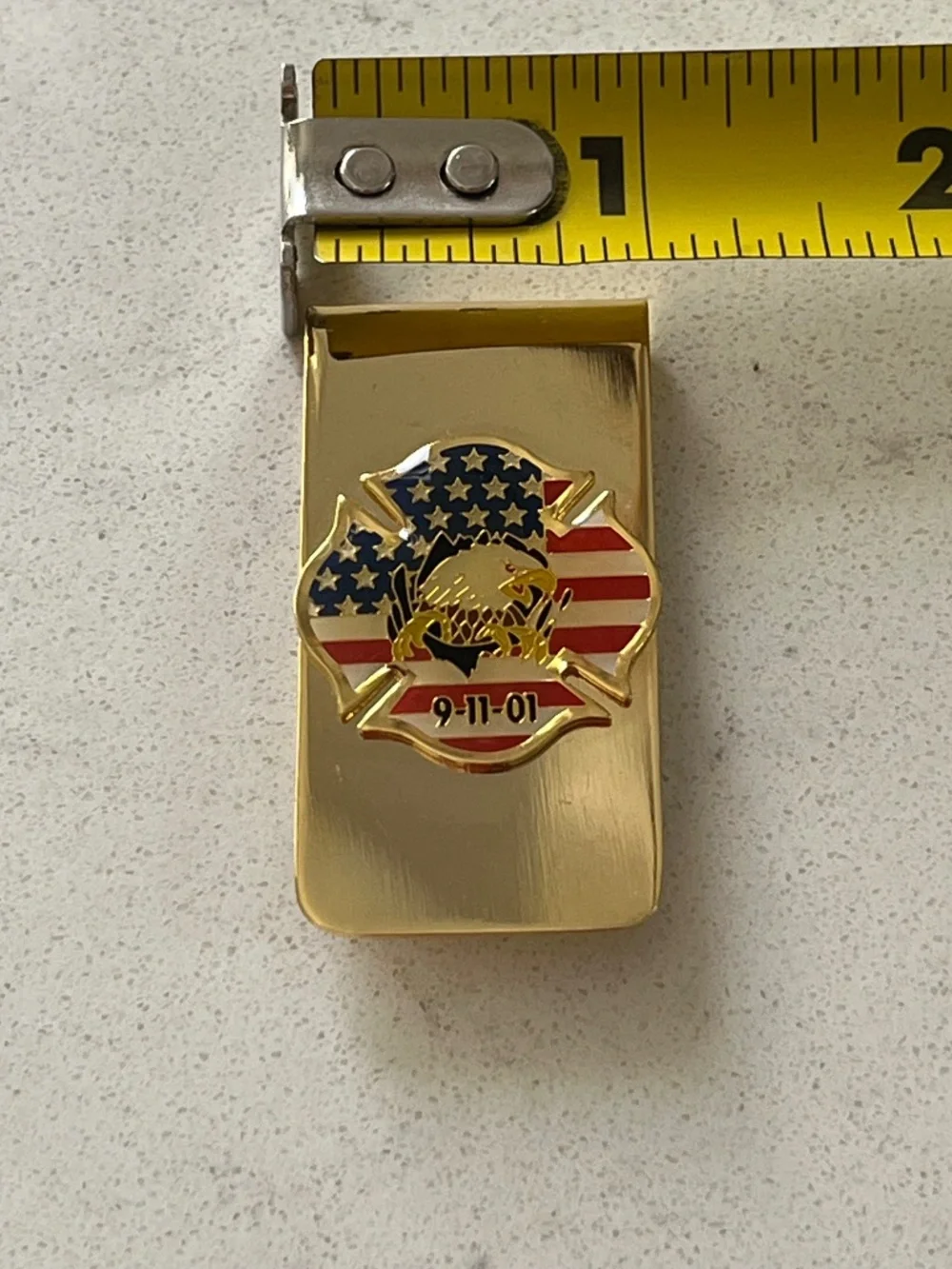 Brass 911 Money Clip firefighters Emblem, United States Flag Eagle
